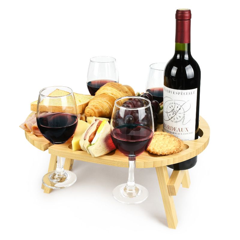Tirrinia Portable Picnic Table with 4 Wine Glasses Holder, 1 wine holder, 100% Natural Bamboo, Safe Material & Zoned Design, Foldable Snack Tray Table, 1 of 8