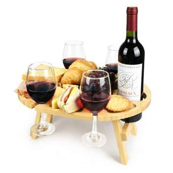 Tirrinia Portable Picnic Table with 4 Wine Glasses Holder, 1 wine holder, 100% Natural Bamboo, Safe Material & Zoned Design, Foldable Snack Tray Table