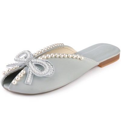 Perphy Women's Peep Toe Pearl Decor Slip-on Flat Slides Mules
