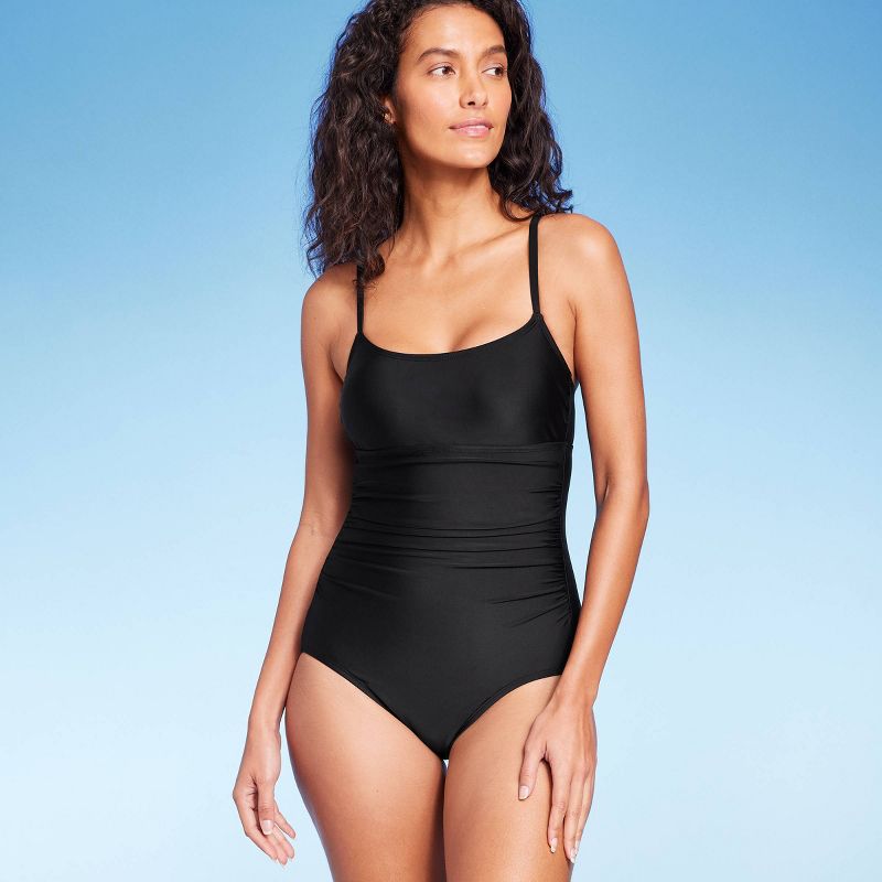 Women's Full Coverage Shirred Front One Piece Swimsuit - Kona Sol™ Black, 1 of 6