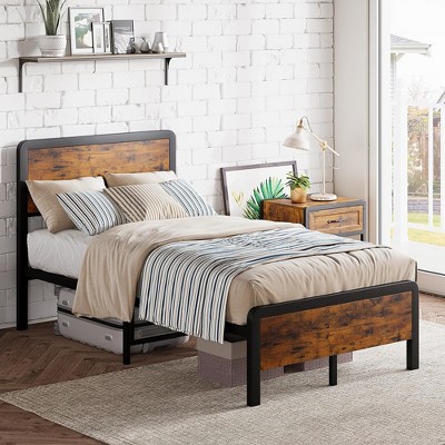 Twin Full Queen Platform Bed Frame with Headboard and Footboard, Mattress Foundation, Strong Metal Slats Support, No Box Spring Needed, Rustic Brown