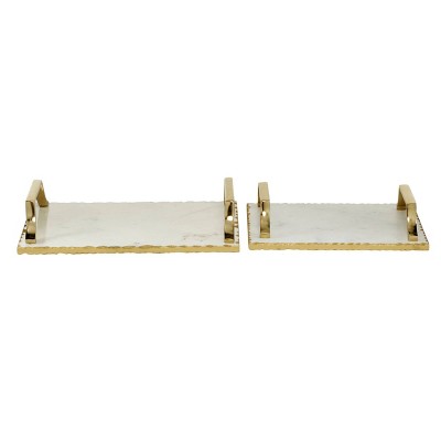 Gold and White Ceramic Rectangular Tray Set with Metal Handles