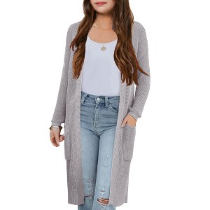 Girl's Long Cardigans Lightweight Sweater Knit Cardigan Open FrontLong Sleeve Shacket for Fall Longline Cardigan with Side Pockets,Grey - M - 1 of 4