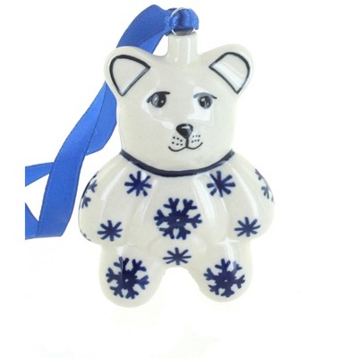 Blue Rose Polish Pottery Snow Flurry Teddy Bear Ornament