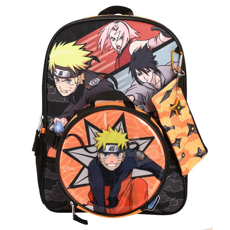 Naruto Anime Character Print Orange and Black 5-Piece Backpack Set For Boys, 1 of 9