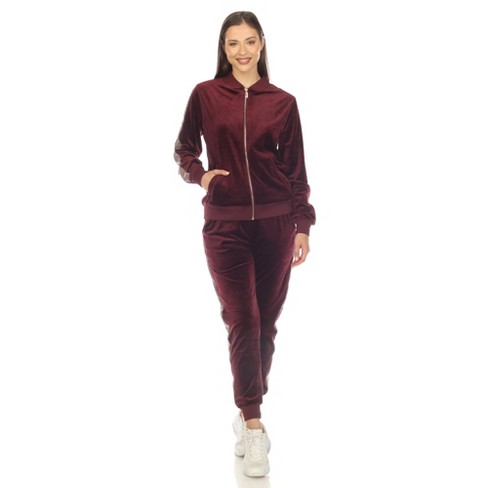 Women's 2-piece Velour With Faux Leather Stripe Burgundy M -white