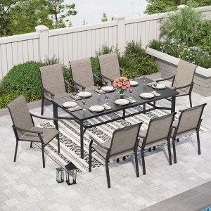 Captiva Designs 9pc Spacious Slat-top Rectangle Metal Table with Umbrella Hole & Brown Textilene Fixed Chairs - 1 of 4