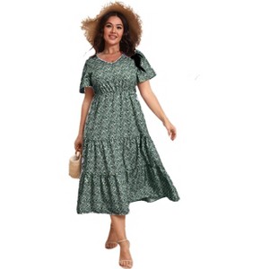 Women's Plus Size Midi Casual Dress with Pockets 1X-4X Tiered Short Sleeve Relax Fit Crewneck Summer Dresses - 1 of 3