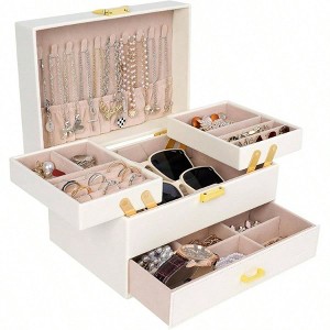 Women's 3 - Layer Jewelry Box, Large Organizer for Earrings, Rings, Necklaces, Bracelets - Cloud White+ Gold - 1 of 4