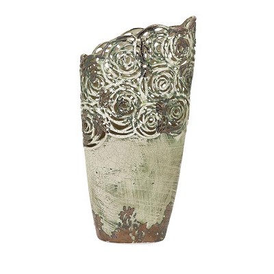 Northlight 17.5" Kai Distressed Green Swirl Patterned Cutwork Ceramic Flower Vase