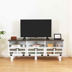 TV Stand For 60-69 Inch TV , American Country Style TV Lockers With Glass Door Panel, Metal Handles, Birch Legs & 3 Flip Drawers, Media Console Table - 1 of 4