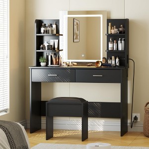 Vanity Desk with Lighted Mirror, Makeup Vanity Set with Power Outlet, Cushioned Stool - 1 of 4