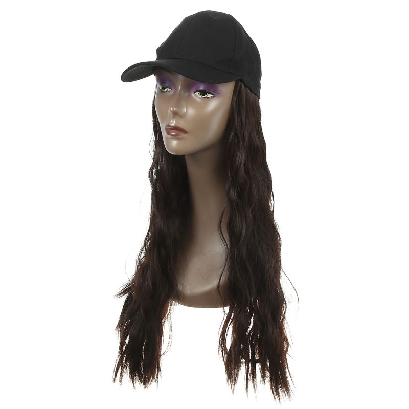 Unique Bargains Baseball Cap with Hair Extensions Fluffy Curly Wavy Wig Hairstyle 26" Wig Hat for Woman Deep Brown, 1 of 5