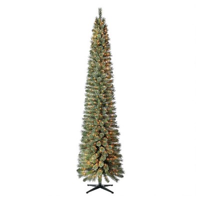 Home Heritage 9 Foot Pre-Lit Skinny Artificial Stanley Pencil Pine Christmas Tree with Clear White Lights, Foldable Stand and Easy Assembly