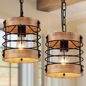 YANSUN 8 in 1-Light Industrial Retro 1-Light Pendant Light, White Wood Metal Round Cage Chandelier for Kitchen or Dining Room Wood Grain - 1 of 1