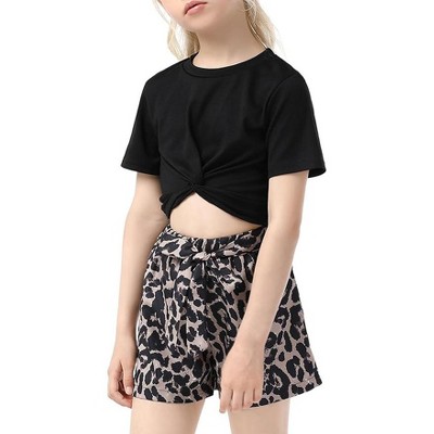 Girl's Summer 2 Piece Outfit Short Sleeve Twist Crop Top and Print Shorts Sets Cute Clothing Set 3-12Y
