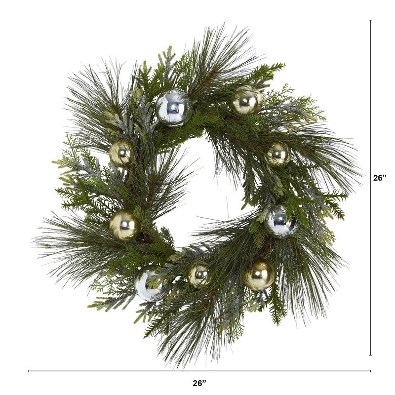 Nearly Natural 26” Sparkling Pine Artificial Wreath with Decorative Ornaments, 2 of 4
