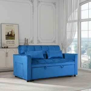 57'' Velvet 3-in-1 Pull Out Reclining Sofa Bed with Pillows, Solid Wood Frame, and Built-In Storage - 1 of 4