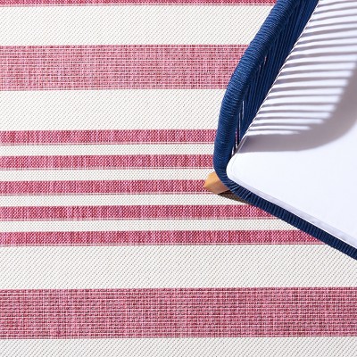 Ivory and Red Striped Square Synthetic Indoor/Outdoor Rug