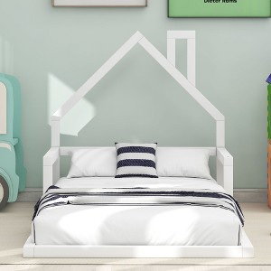 CAVINAS Kids Toddler Bed with House-shaped Headboard,Twin/Full Size Floor Bed,Montessori Bed for Bedroom Playroom,White/Brown - 1 of 4