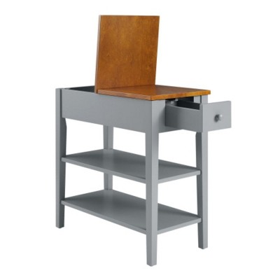 Gray and Walnut Rectangular Side Table with Storage and USB Ports