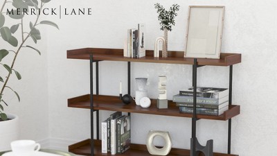 Merrick Lane Industrial Style Rustic Brown 3 Tiered Shelving Unit With  Black Metal Frame and Raised Border - 35H