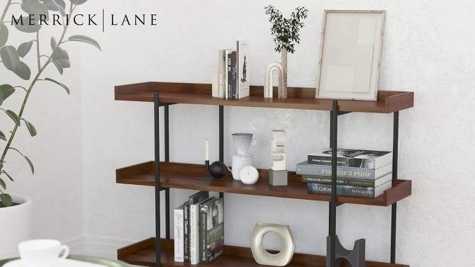 Merrick Lane Industrial Style Rustic Brown 3 Tiered Shelving Unit With Black Metal Frame and Raised Border - 35"H, 2 of 14, play video