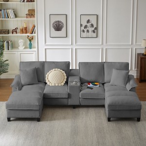 VASIP 120" Modular Corduroy  Sectional Sofa Bed,Modern U-Shaped 4-Seater Couch with Cup Holders and Storage, For Living Room, Apartment,Lounge,Beige - 1 of 4