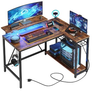 Bestier 42" L - Shaped Gaming Desk: Equipped with Power Outlets, LED Lights, Reversible Shelves & Hooks for Small Spaces ,Bedrooms & Offices, Rustic - 1 of 4