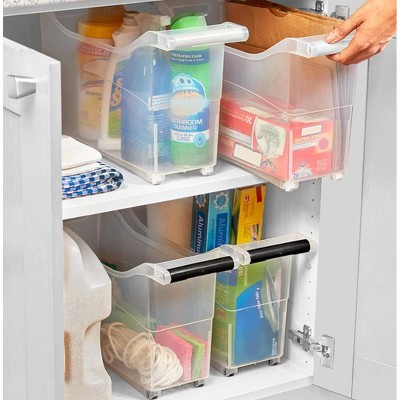 White Plastic Rolling Storage Bin with Handles for Kids