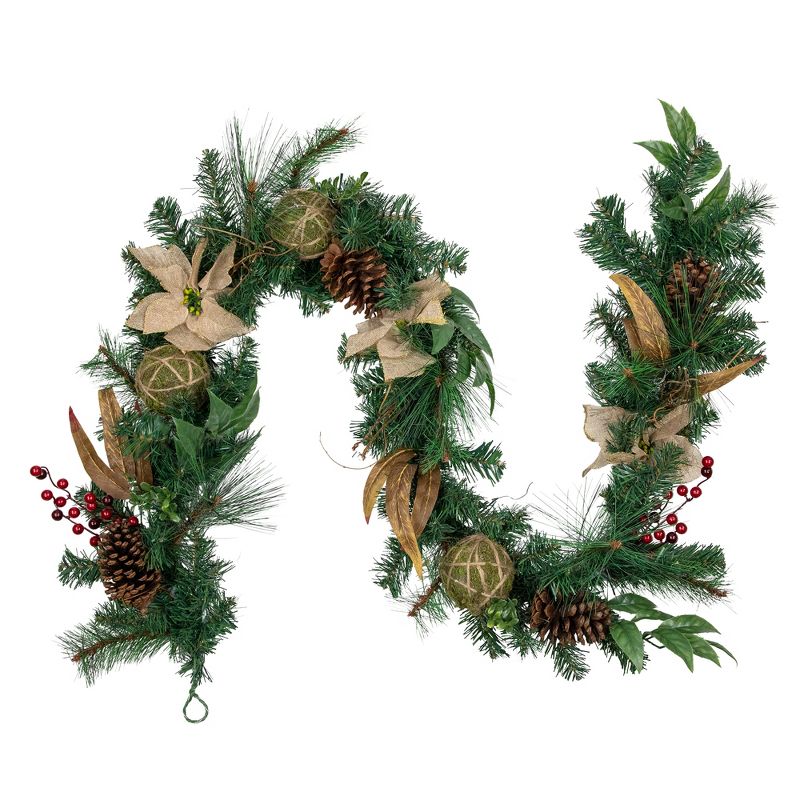 Northlight 6' x 10" Mixed Pine with Poinsettias and Berries Christmas Garland, Unlit, 1 of 7