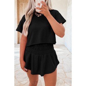 Black 2pcs Cropped Tee and Ruffle High Waist Skort Set - 1 of 1