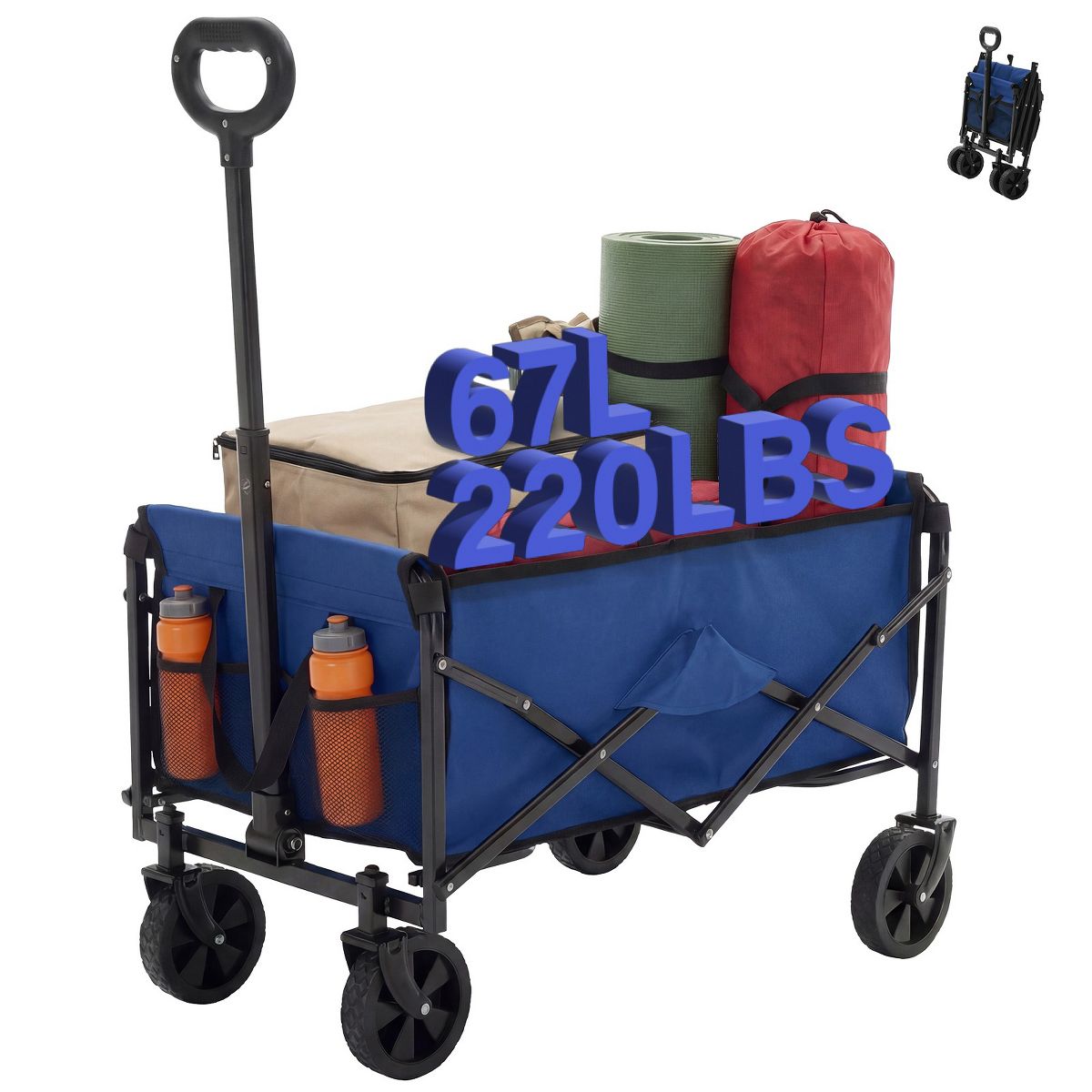 Collapsible Wagon Cart - Heavy Duty Utility Folding Wagon with Wheels - Trolley Adjustable Handle for Beach, Grocery, Camping & Garden, Blue