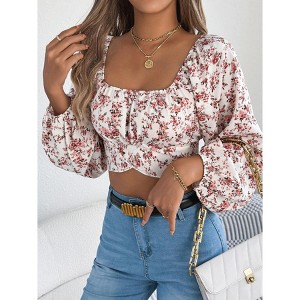Women's Summer Blouse Floral Long Sleeve Cut Out Bowknot Back Beach Going Out Tops - 1 of 4