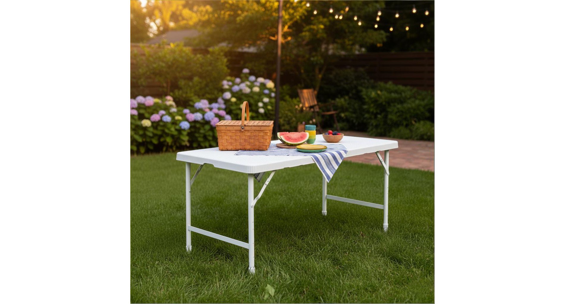 4ft Rattan Folding Table – Indoor/Outdoor Portable Foldable Table with Woven Rattan Design, Ideal for Patio, Picnic & Small Spaces, White