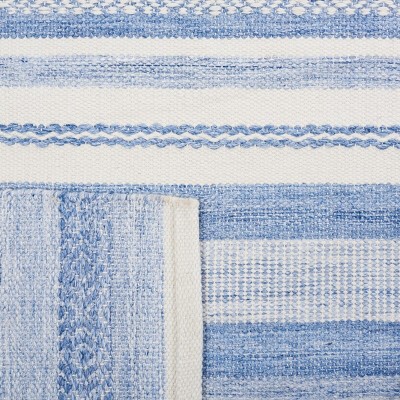 Ivory and Blue Striped 4' x 6' Flat Woven Wool Rug