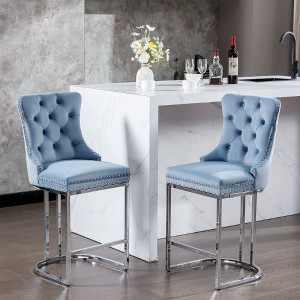 Kumasinova Mid-Century Velvet Counter Height Bar Stools Set of 2, Chrome Metal Base Counter Stools with High Back, Farmhouse Counter Height Stools - 1 of 4