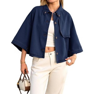 Imily Bela Womens Cropped Denim Jackets Casual Button Down Jean Shirt Shacket Loose 3/4 Sleeve Coat with Pockets - 1 of 4