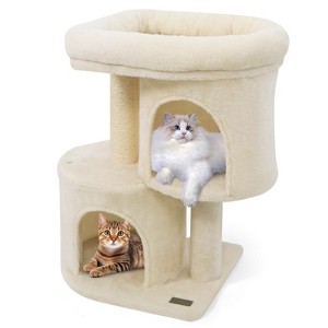 Costway 26” Small Cat Tree with Large Padded Plush Perch, 2 Condos, Sisal Scratching Posts Light Gray/Dark Gray/Beige - 1 of 4