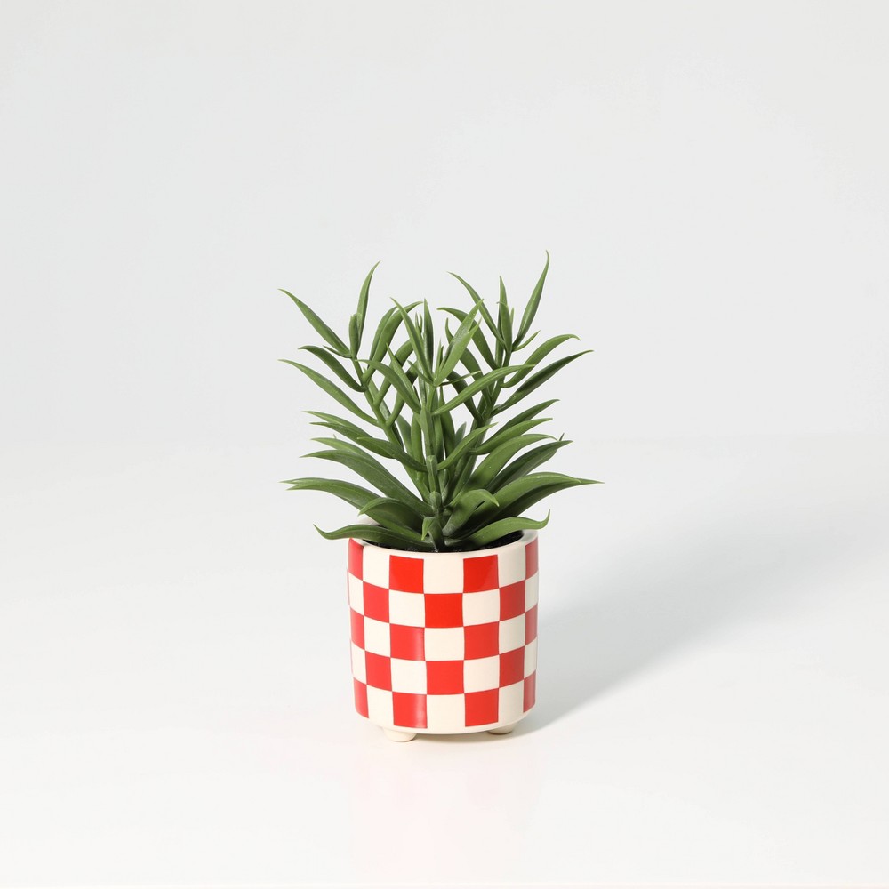 Luckygreenery Checker Planter with Faux Succulent Greenery Orange/Stucco