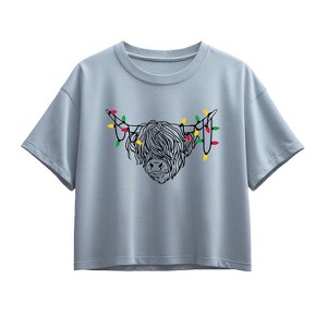 Girls' - Instant Message - Christmas Highland Cow Short Sleeve Boxy Graphic T-Shirt - 1 of 2