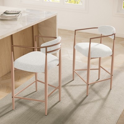 Boucle Dining Arm Barstools Set of 2,with Wood Grain Metal Legs for Kitchen, Living Room, Restaurant, Cafe - Morden Fort