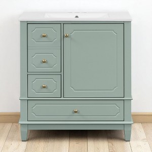 30" Freestanding Bathroom Vanity with Ceramic Sink, Solid Wood Frame, 3 Drawers & Storage Shelf, Painted MDF Cabinet - 1 of 4