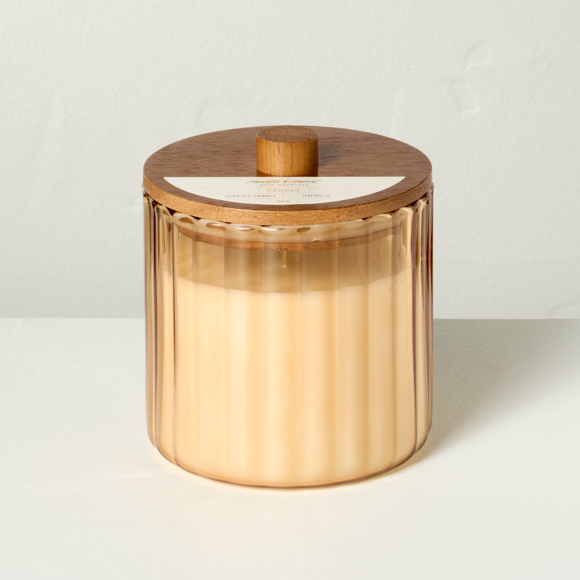 2 Wick Glass with Wooden Lid Pampas Jar Candle Tan 12oz - Hearth & Hand™ with Magnolia
