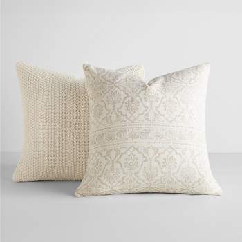 2-Pack  Natural Throw Pillows Seed Stitch Knit with Cotton Patterns in Antique Floral - Becky Cameron, Natural, 20 x 20