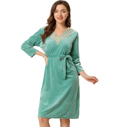 Allegra K Women's Pajama V Neck with Belt Tie Long Sleeve Nightgown Soft  Lounge Midi Sleep Dress Light Green XS