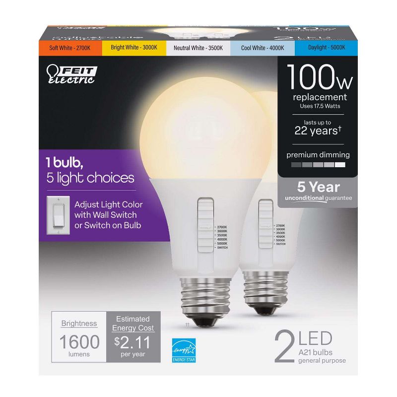 Feit A21 E26 (Medium) LED Bulb Tunable White/Color Changing 100 Watt Equivalence 2 pk, 1 of 2