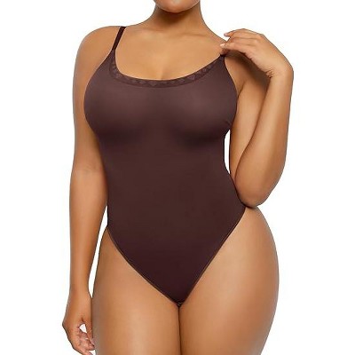 SHAPELLX Shapewear Bodysuit For Women Tummy Control Sculpting Snatched Body Shaper Waist Body Suit Thong—Brown 38