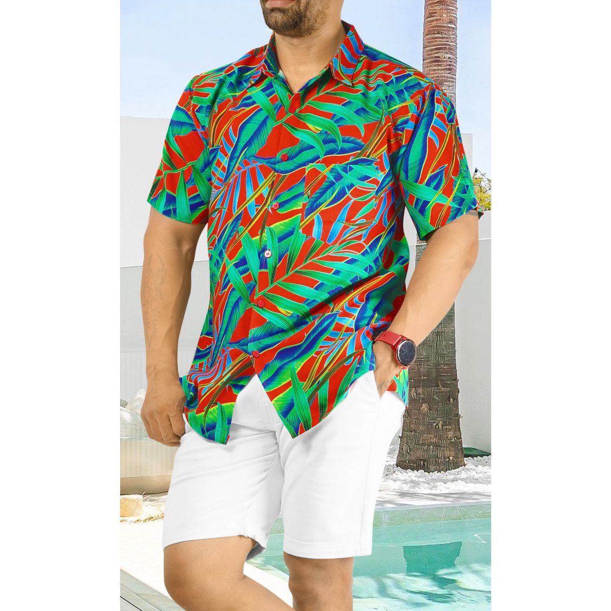 HAPPY BAY Mens Short Sleeve Button Down Hawaiian Collar Shirts Aloha Camp Beach Vacation Shirts Casual Camp Summer Untuckit Shirt XXL Blue,Tree - thumbnail 7