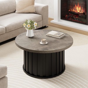 31.9" Round Coffee Table, Mid Century Modern Coffee Table with Metal Base, Fluted Center Table - 1 of 4